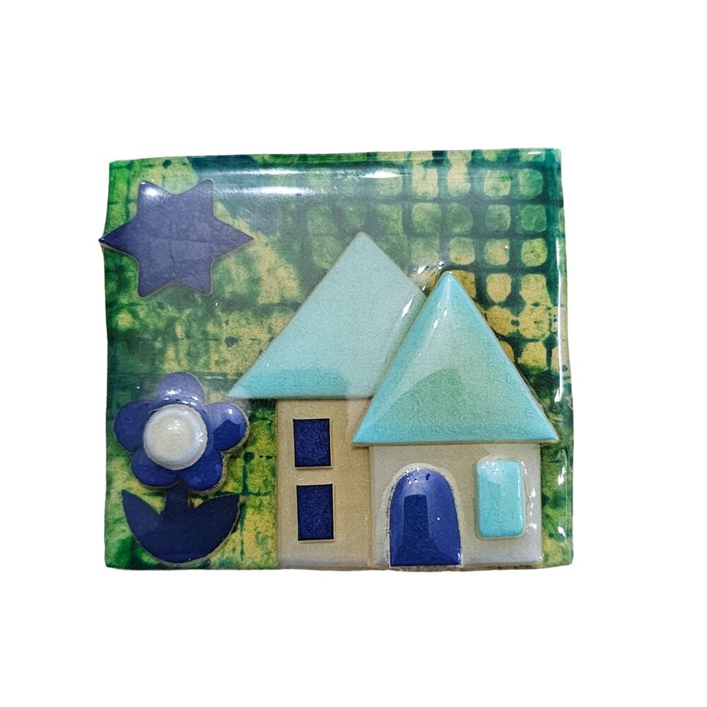 House Pins By Lucinda Handmade Brooch Green Blue Flower Star